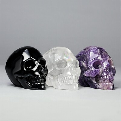 2 Inch Hand Carved Skull Set, Obsidian, Quartz, Amethyst
