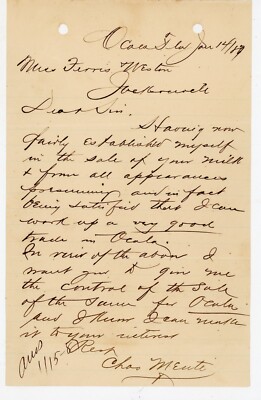 1889 Ocala FL Letter Requesting Exclusive Milk Sales Rights Signed Chas Mente