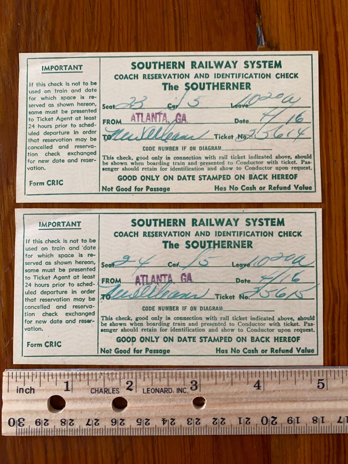1946 Southern Railway Atlanta to New Orleans Coach Tickets 2 SOUTHERNER