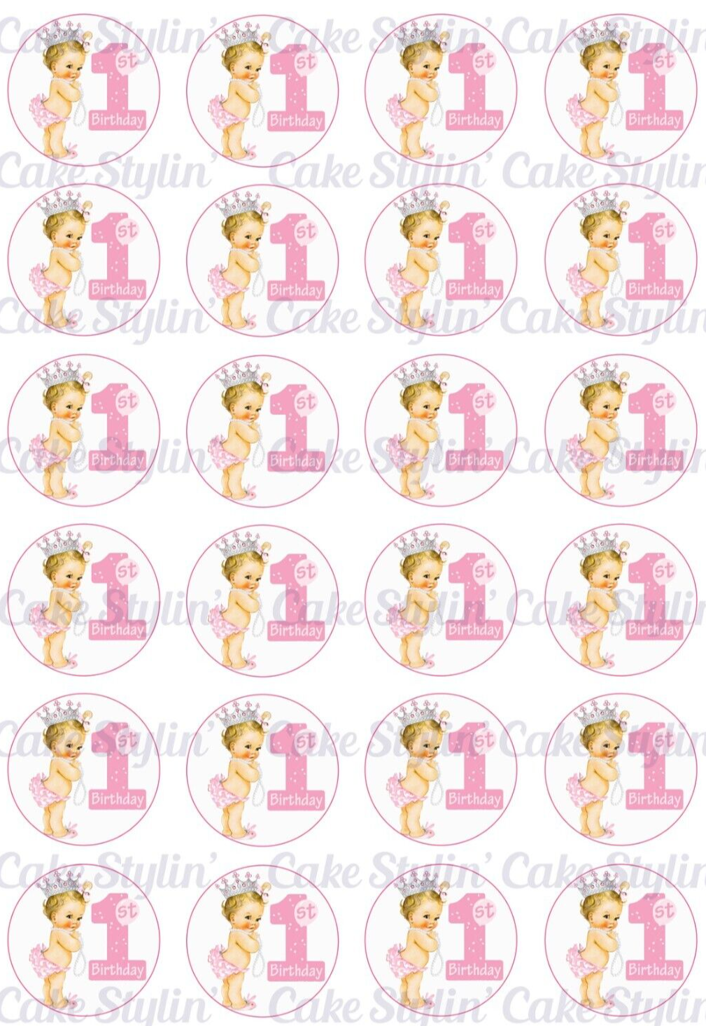 24 PINK PRINCESS 1ST BIRTHDAY Edible Wafer Paper Cupcake Toppers FIRST ...