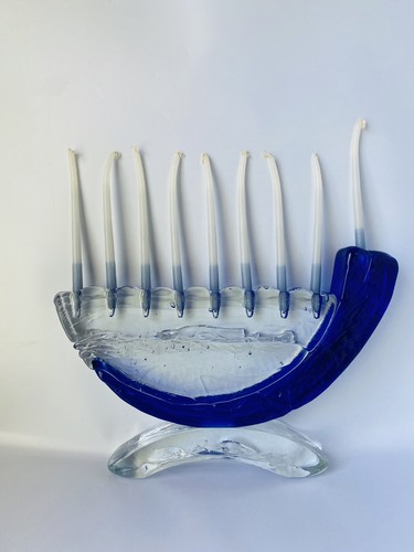 Glasslight Shofar Cobalt Blue Glass Menorah Signed Arc w/ Candles - Picture 3 of 24