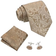 Mens Ties  Pocket Square  Cufflinks Set, Necktie and Handkerchief Tan Floral