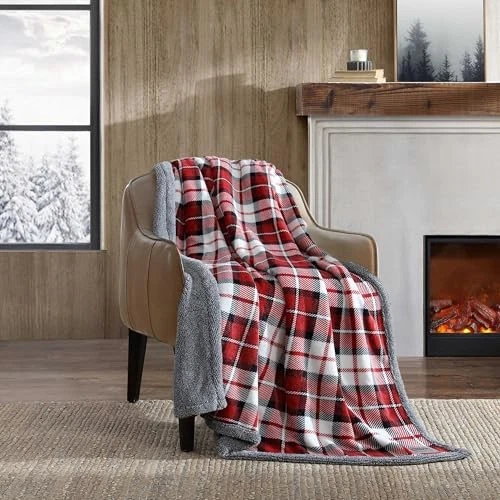 - Manta, Ropa de Cama de Felpa Sherpa Reversible, 50 x 70 Parkwood Cuadros Rojo Foto 2 de 4