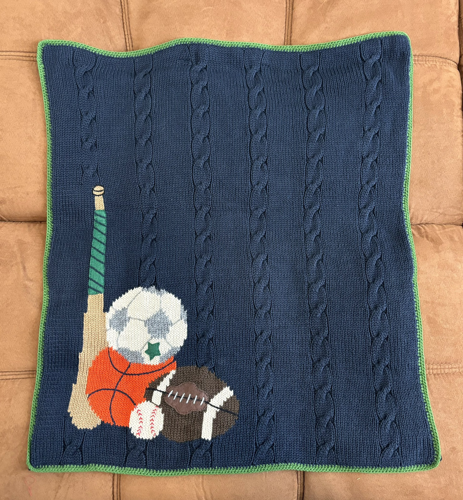Sports-Themed Baby Knit Blanket 24x28 Navy Blue 100% Cotton EUC ⚾🏈🏀⚽