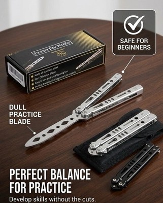 2 Pack Butterfly Knife Trainer - Safe Dull Practice Balisong - Beginner Flipping