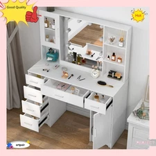 Large Vanity Dressing Desk Makeup with Openable Mirror 5 Drawers & Glass Cabinet