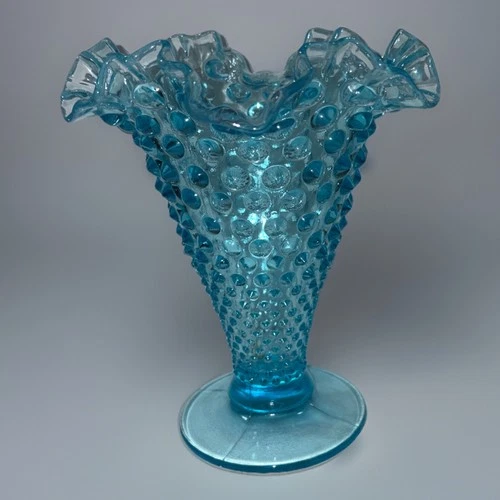 Fenton Blue Opalescent Hobnail Ruffled Vase – 7” Vintage Mid‑Century Art Glass