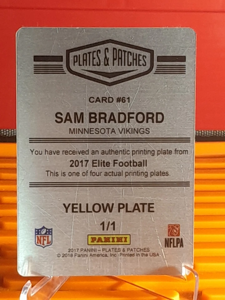2017 PANINI Plates & Patches #61 Sam Bradford Printing Plate 1/1 Yellow Plate - Image 2 of 2
