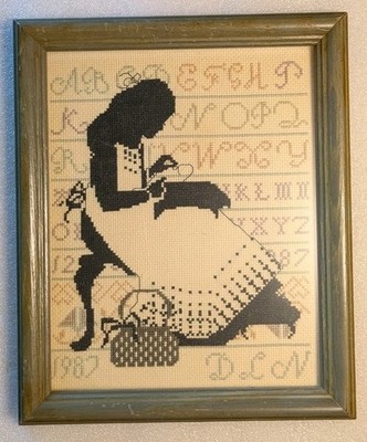  Framed Vintage Cross Stitch Sampler Woman Sewing 1987