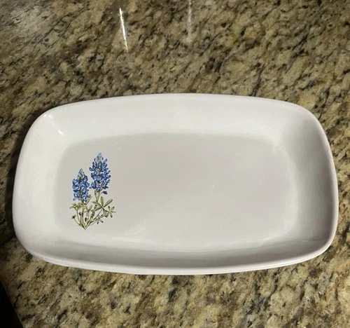 Frankoma 5PS Rectangular Glossy Ceramic Floral Platter White Blue