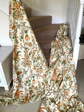 PAIR  VINTGE CURTAINS, COTTON, PENCIL PLEAT PULL CORD, CREAM FLORAL BIRDS