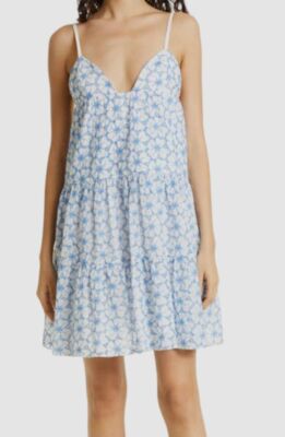 $395 Milly Women's Blue Floral Embroidered Cotton Mini Dress Size 10