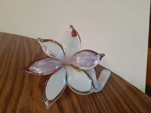 Murano Style Art Glass Flower Hand Blown Purple/White Lily With Twisted Stem