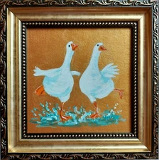 White Geese Painting Original Miniature Goose Artwork Bird picture Gold FRAMED