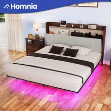 Queen Size Floating Bed Frame Leather Headboard Storage w/LED & Charging Station