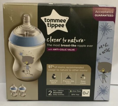 Tommee Tippee Closer to Nature Decorated Baby Bottles, Blue, 9 Ounce, 2 Count