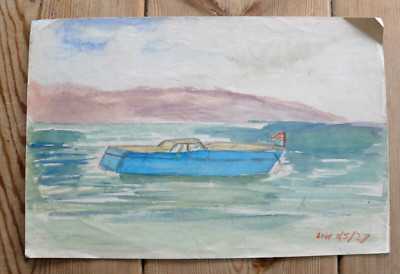 Naives Aquarell Gemälde Motorboot von A.H. Head 1937