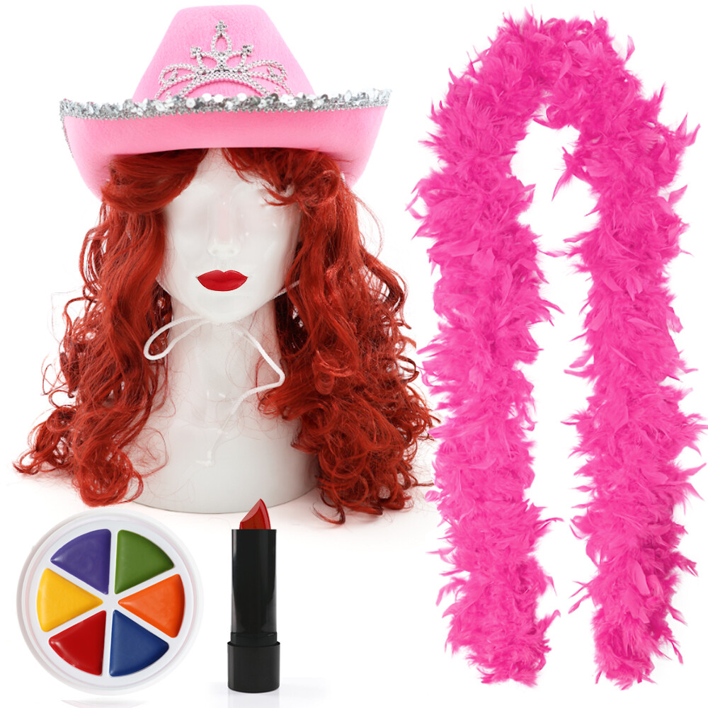Set costume pop star pony cappello cowboy rosa parrucca rossa rosa boa set trucco festival