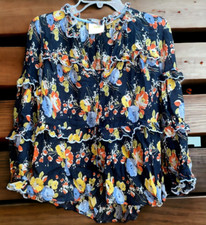 Anthropologie Maeve XS Black Floral Myra Tiered Blouse