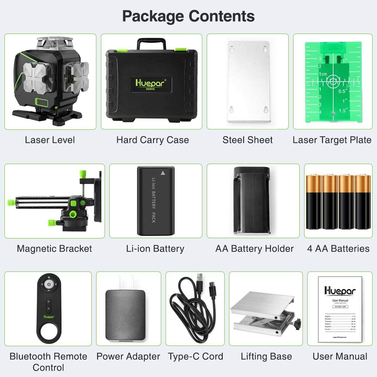 Huepar 4D Green Cross Line Laser Level Bluetooth & Remote Control With Hard Case