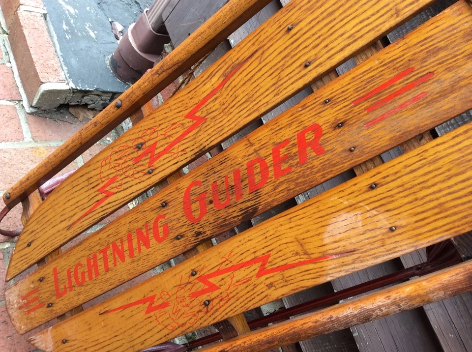 Rare Vintage Wood / Metal Lightning Guider 46” Snow Sled - No. 122 1/2 - Good - Image 3 of 4