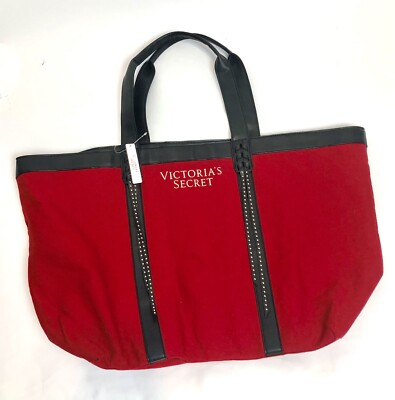 NWT Victoria Secret Red & Black Tassel Large Canva Tote NEW 15 x 14 x 6