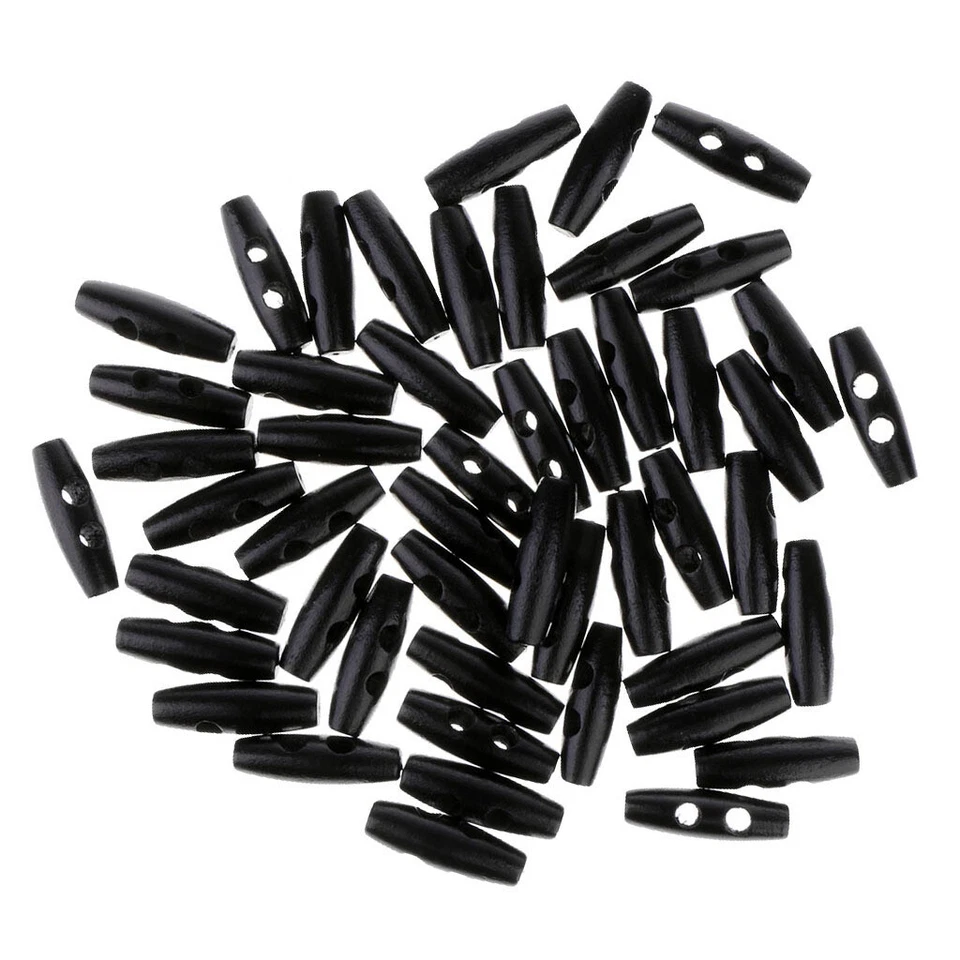50Pc Wooden Duffle Coat Toggle 2 Hole Buttons Knitwear Sewing Black - Image 3 of 3