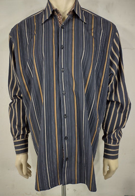 Equilibrio Italia black brown white striped long sleeve button up shirt mens XL