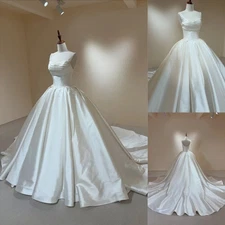 Elegant Satin Wedding Dresses with Beads Off Shoulder Sweep Train Bridal Gowns