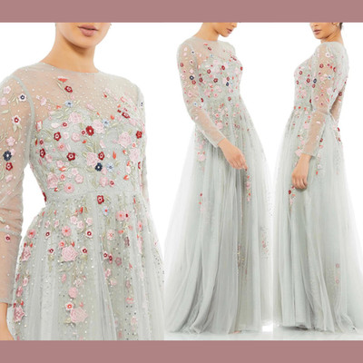 NWT Mac Duggal [ 6 ] 11241 Embroidered High Neck Long Sleeve A line Gown S1678