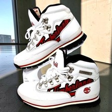 De colección 00s Timberland Para hombres Blanco Rojo Cuero Medio Botas Bordadas Ropa de Calle 7.5M