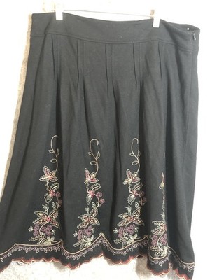 J Jill Skirt Womens 16 Black Wool Embroidered Floral Boho Scallop Hem Midi