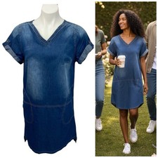 I Moda Chambray Dress Womens Medium Blue Short Tab Sleeve Pockets Summer V Neck