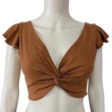 Brown Front Twist Smocked Crop Top Coquette Cottagecore Ruffle Sleeve Fairy M