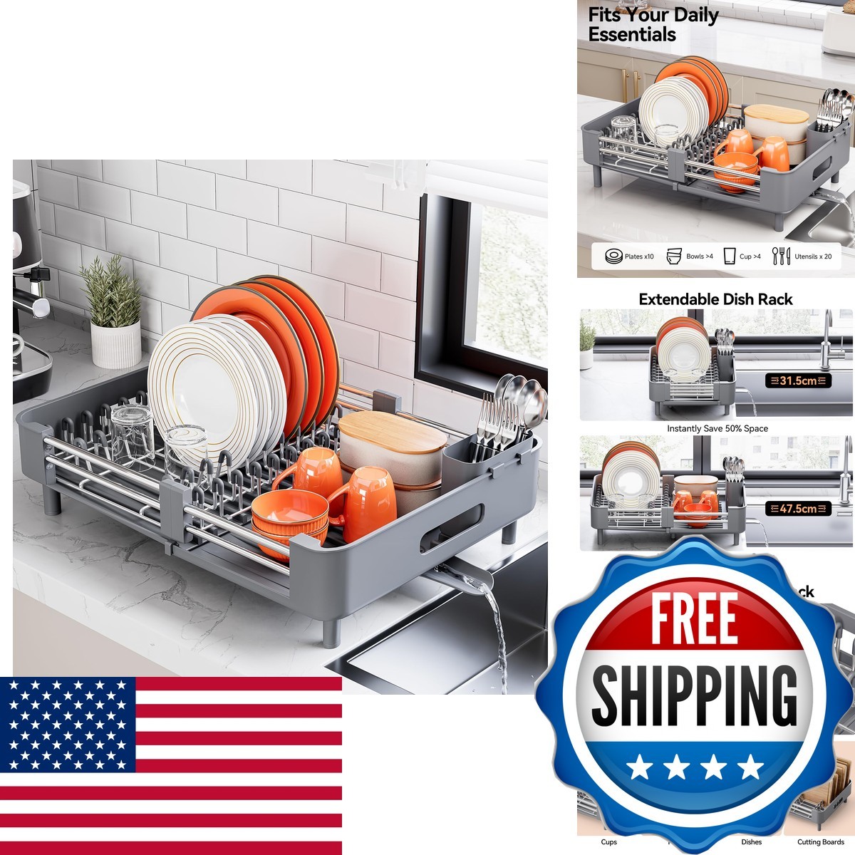 Urackify Extendable Stainless Dish Drying Rack for Kitchen Counter, Gray