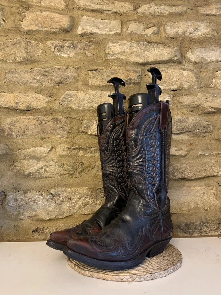 Vintage Sendra Boots Black Burgundy Leather Cowboy Size UK 4 EU37 Mid Calf - Image 2 of 4