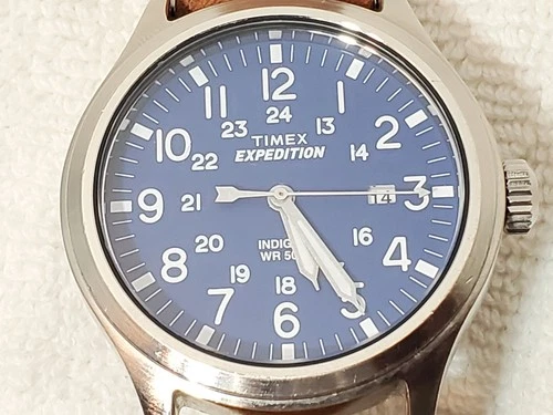 Timex Expedition Indiglo Vintage Men's Date Watch Blue Dial Brown Leather Strap