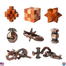 8pcs Wooden & Metal Brain Teaser Puzzles for Kids & Adults - IQ Challenge Game