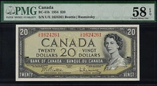1954 RADAR Note $20.00 PMG AU-58 EPQ 1624261 RARE Canada 4-Digit Twenty Dollars