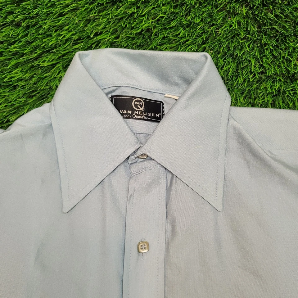 Vintage 70s Van-Heusen Dagger Collar Nylon Button Shirt Medium 21x30 Qiana Nylon - Image 2 of 4