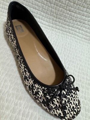 FITFLOP DELICATO BOW WOVEN BALLET FLATS BLACK/IVORY MIX LEATER TRIM SIZE 7