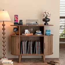 Large Round Record Player Stand with Charging Station & USB Ports