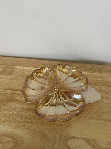 VTG Depression Carnival Glass Iridescent Marigold Gold 3 Leaf Clover Candy Dish