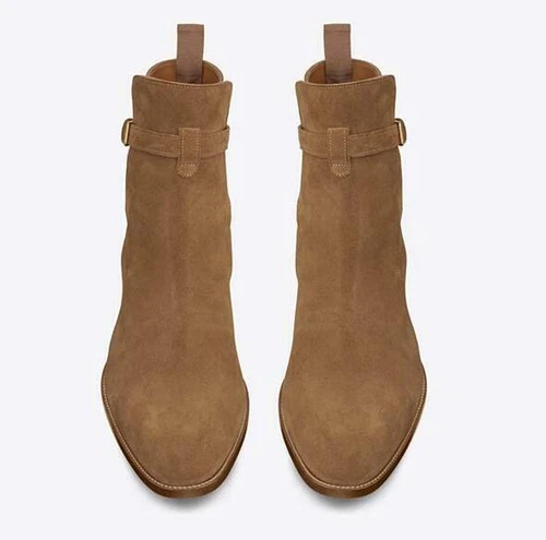 British Men Casual Pointy Toe Buckle Real Leather Suede Ankle Chelsea Boot Shoes - Picture 4 of 17