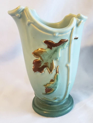 Vintage Art Deco Weller Pottery Vase Blue with Oak Leaves & Acorns, 6 1/4"