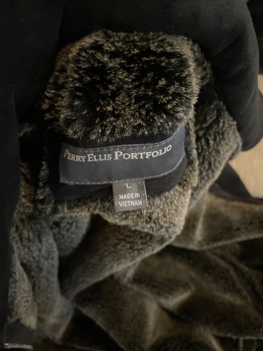 PERRY ELLIS Large Portfolio Mens Black Faux Suede Fur Lined Winter Jacket