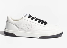 Chanel 24P White Black Leather CC Logo Flat Lace Up Runner Trainer Sneaker 42