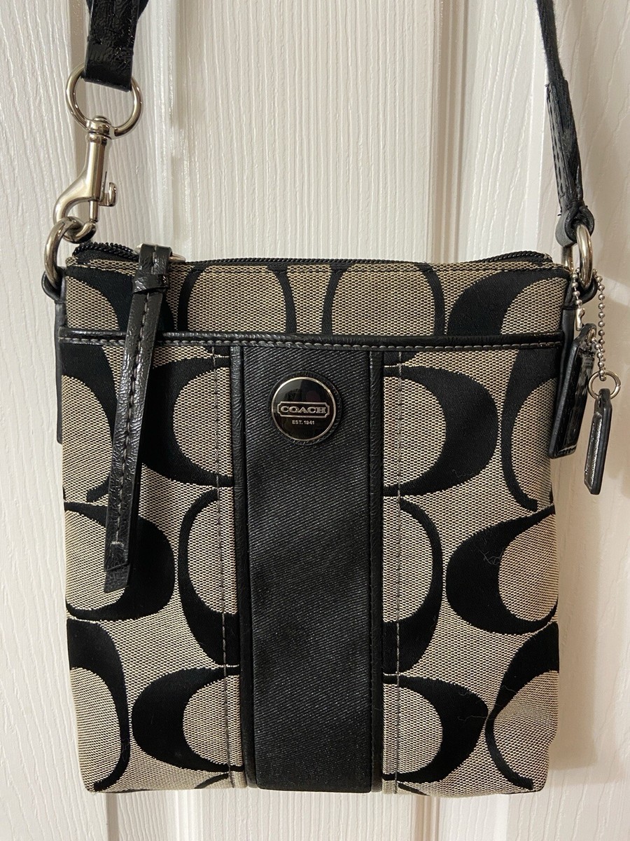 COACH BAG BLACK/TAN SIGNATURE STRIPE SWINGPACK CROSSBODY HANDBAG