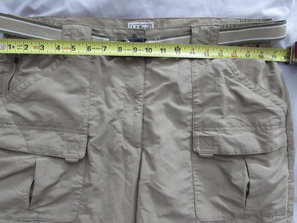 Men’s tan LL BEAN cargo nylon pants belted LARGE camping hiking fishing
