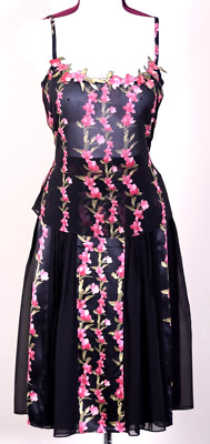 ST.JOHN Womens Silk Black Pink Green Floral Top & Skirt Sz 8-10